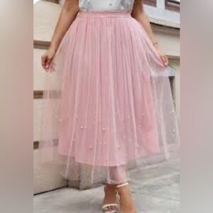 Lavender Pink Blush Organza Pearl Detail Midi Skirt- layered tulle faux pearls
